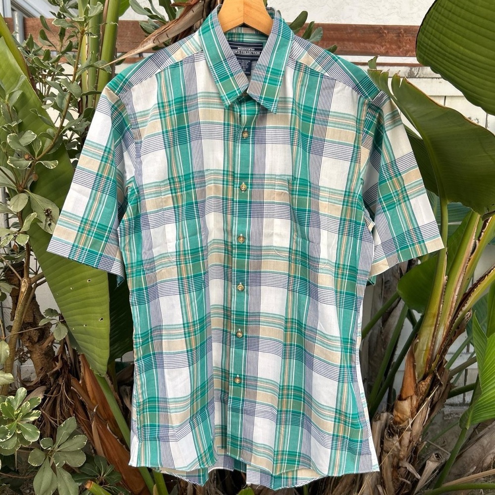Vintage 1990s Mervyn’s Plaid Shirt M 22x29 Green Blue Taiwan ROC